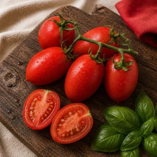 Tomato, five ripe Roma vines in vivid red, one halved showing juicy seeds and pulp, fresh basil sprig beside