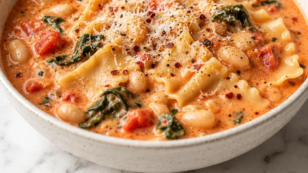 Creamy Garlic White Bean Lasagna Soup - Discover the best Lasagna Soup! Creamy, garlicky, and packed with white beans. Easy to make and incredibly delicious. Yo