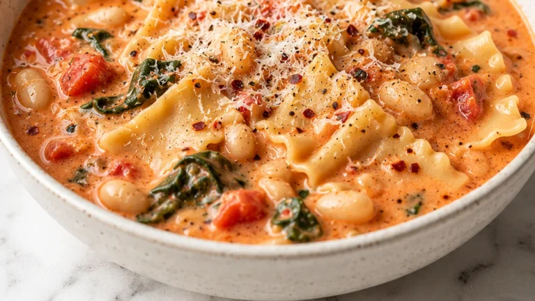 Creamy Garlic White Bean Lasagna Soup
