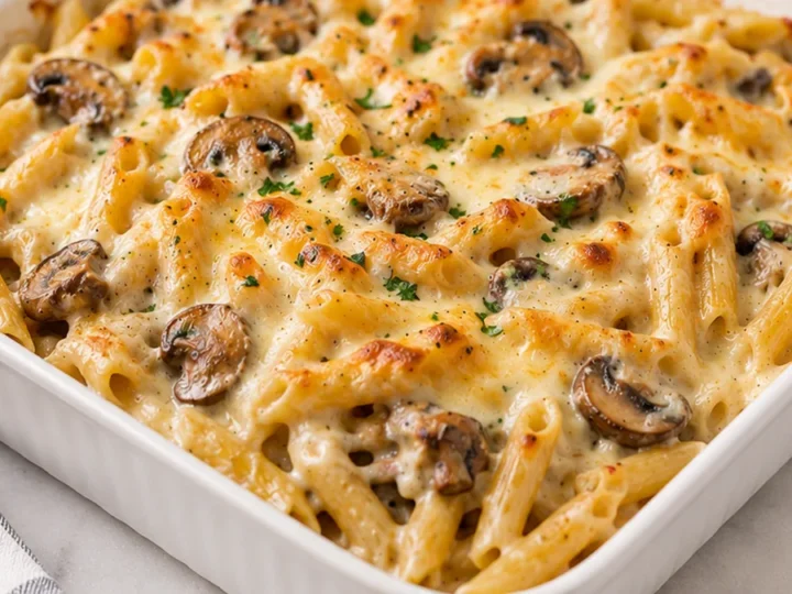 Creamy Mushroom Alfredo Penne Bake