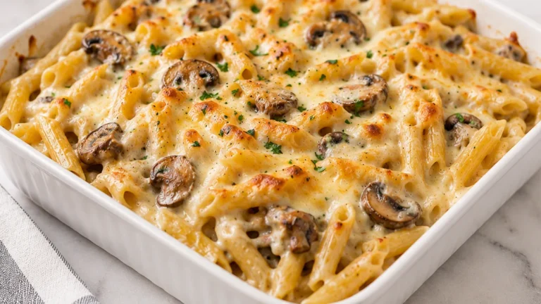 Creamy Mushroom Alfredo Penne Bake