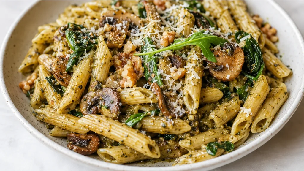 Mushroom Penne with Walnut Pesto - Discover the ultimate mushroom penne with walnut pesto. This easy recipe is ready in 30 minutes for a delicious and satisfyin