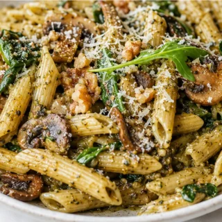 Mushroom Penne with Walnut Pesto - Discover the ultimate mushroom penne with walnut pesto. This easy recipe is ready in 30 minutes for a delicious and satisfyin