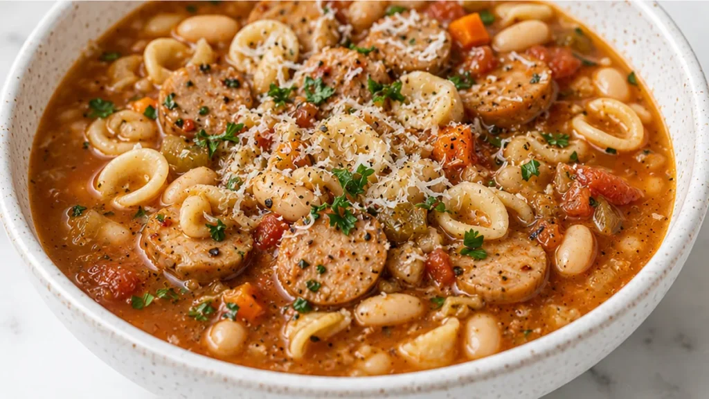 Hearty Pasta e Fagioli Recipe - pasta fagioli - Discover easy Pasta Fagioli with spicy sausage, creamy beans, and San Marzano tomatoes. A hearty, soul-warming m