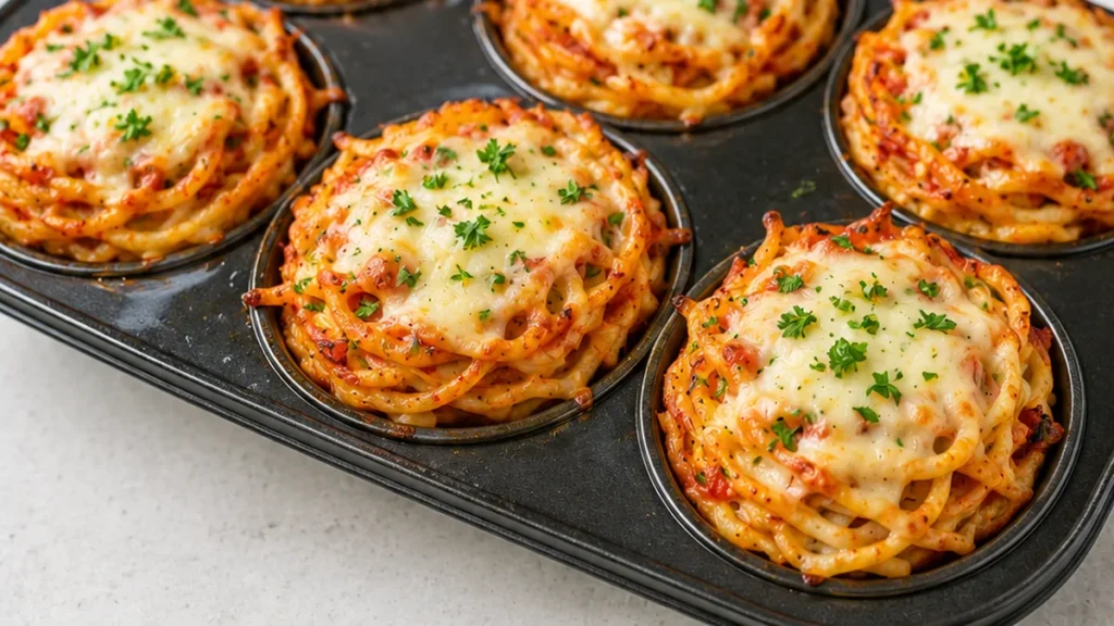 Genius Muffin Tin Pasta Nests! Pasta nests: bake these crispy, cheesy delights in under 15 minutes! A genius way to use leftover pasta, perfect for a quick and
