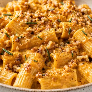 Creamy Pumpkin Rigatoni with Walnut Crunch! Discover creamy Pumpkin Rigatoni with crispy rosemary walnuts. An easy, flavorful fall dinner ready in 35 minutes. P