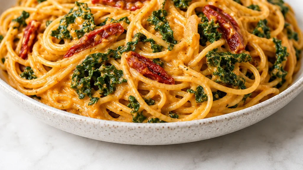 Creamy Pumpkin Spaghetti with Kale - Discover our viral creamy pumpkin spaghetti! A quick and easy recipe with garlic kale for a comforting, flavorful meal. Per