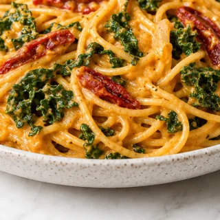 Creamy Pumpkin Spaghetti with Kale - Discover our viral creamy pumpkin spaghetti! A quick and easy recipe with garlic kale for a comforting, flavorful meal. Per
