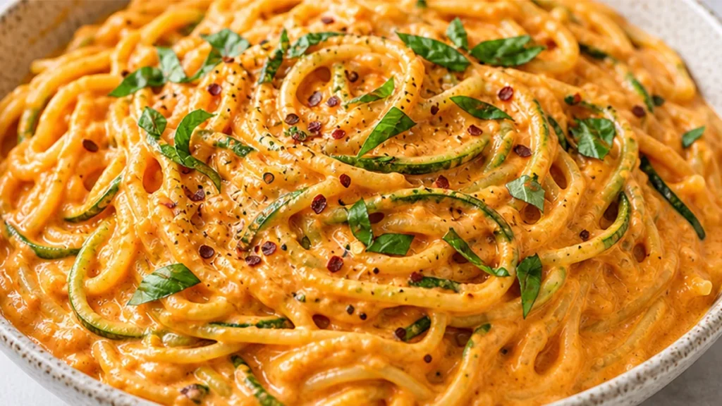 Creamy Roasted Red Pepper Pasta - Discover this incredibly creamy red pepper pasta! A dairy-free, flavor-packed meal with roasted red peppers and garlic. Ready