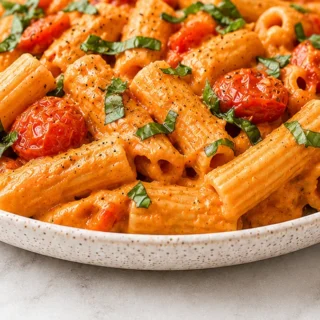 Creamy Vegan Red Pepper Pasta - Discover this creamy vegan red pepper pasta with blistered tomatoes! An easy and delicious recipe ready in 30 minutes. Perfect f