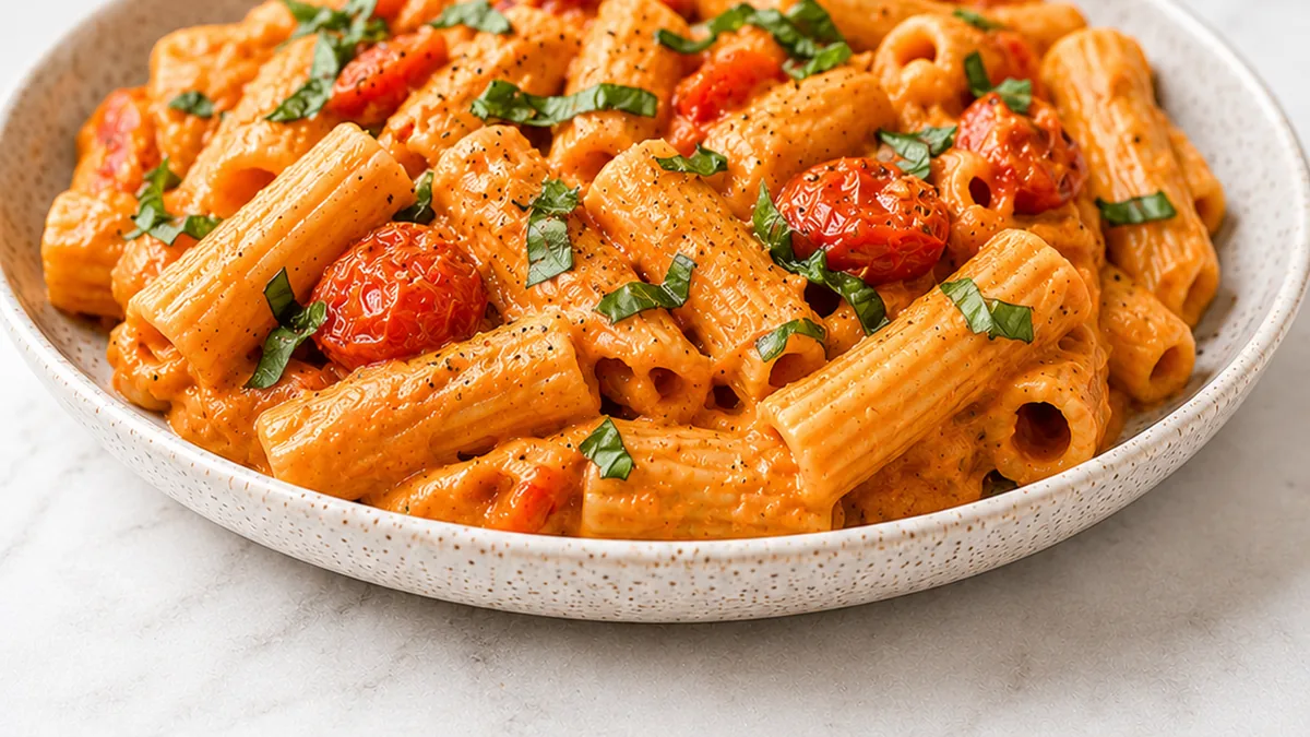 Creamy Vegan Red Pepper Pasta - Discover this creamy vegan red pepper pasta with blistered tomatoes! An easy and delicious recipe ready in 30 minutes. Perfect f