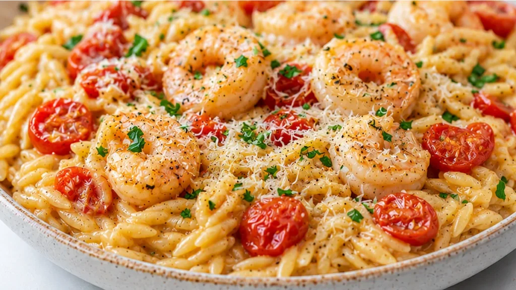 Cheesy Garlic Shrimp Tomato Orzo - shrimp orzo - Discover this creamy Shrimp Orzo recipe! Packed with garlic shrimp, burst tomatoes, and Parmesan. Ready in 30 m