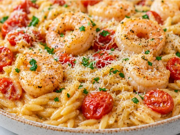 Cheesy Garlic Shrimp Tomato Orzo