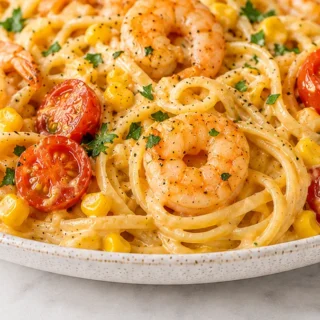 Creamy Shrimp Pasta Recipe - Discover this ultimate creamy shrimp pasta recipe! Quick and easy, featuring sweet corn, tomatoes, and succulent shrimp. Perfect fo