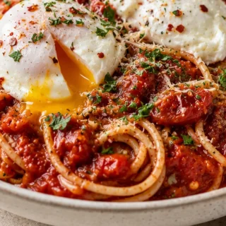 The ULTIMATE Spaghetti Marinara with Poached Eggs - Discover the ultimate Spaghetti Marinara with perfectly poached eggs! Easy to make in under an hour, this co