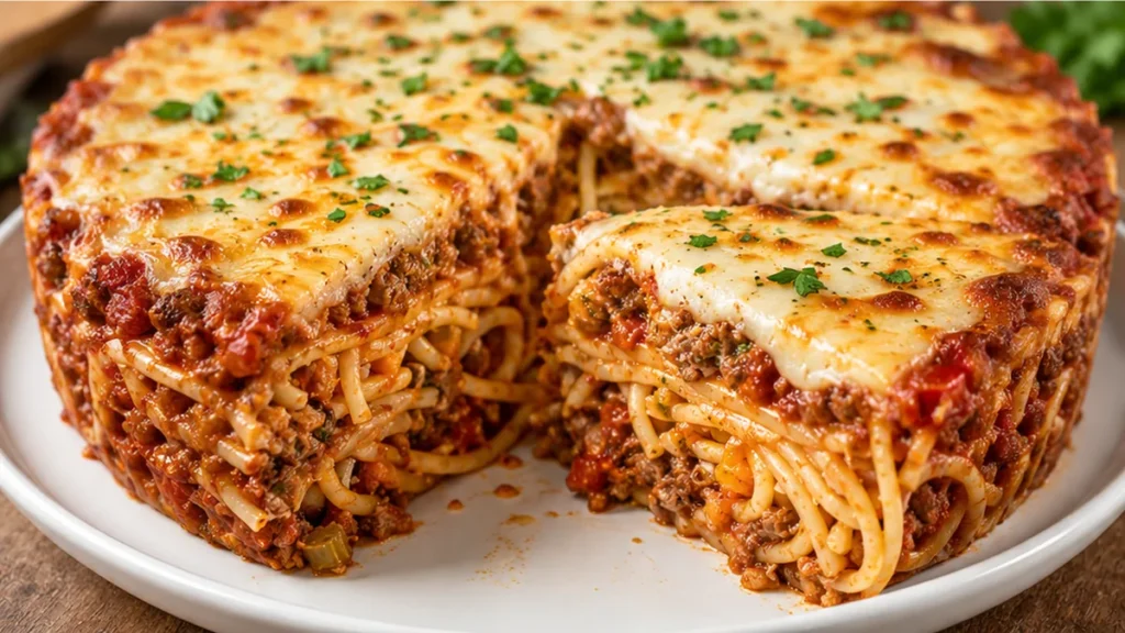 Spaghetti Pie Magic! Discover this incredible Spaghetti Pie recipe! A comforting bake with pasta, veggies, and cheese, ready in under an hour. Perfect for famil