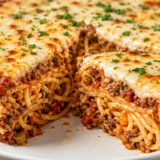 Spaghetti Pie Magic! Discover this incredible Spaghetti Pie recipe! A comforting bake with pasta, veggies, and cheese, ready in under an hour. Perfect for famil