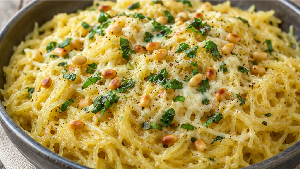 Spooky Garlic Spaghetti Squash Recipe - Discover this amazing spaghetti squash recipe! Packed with garlic, fresh herbs, melted Gruyère, and crunchy pine nuts. A