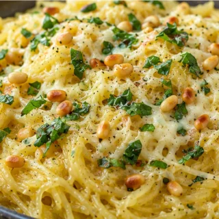 Spooky Garlic Spaghetti Squash Recipe - Discover this amazing spaghetti squash recipe! Packed with garlic, fresh herbs, melted Gruyère, and crunchy pine nuts. A