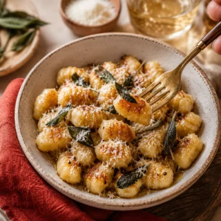 Gnocchi hero, brand-color cue, weathered oak surface, soft daylight