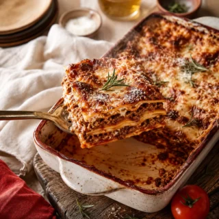 Lasagna hero, brand-color cue, weathered oak surface, soft daylight
