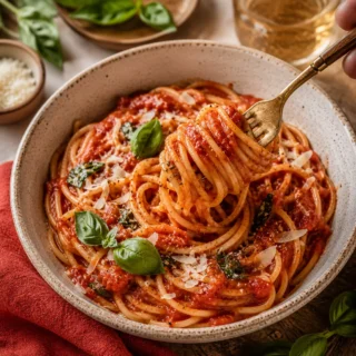 Spaghetti hero, brand-color cue, weathered oak surface, soft daylight