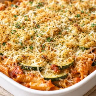 Zucchini Parmesan Bake: Easy Weeknight Comfort Food - Discover this easy Baked Zucchini Parmesan recipe! Layers of tender zucchini, penne pasta, marinara, and m