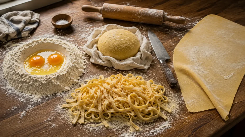 Four-stage homemade pasta scene - flour well with cracked eggs, rested dough ball, thin rolled sheet, and cut tagliatelle ribbons on a wooden counter