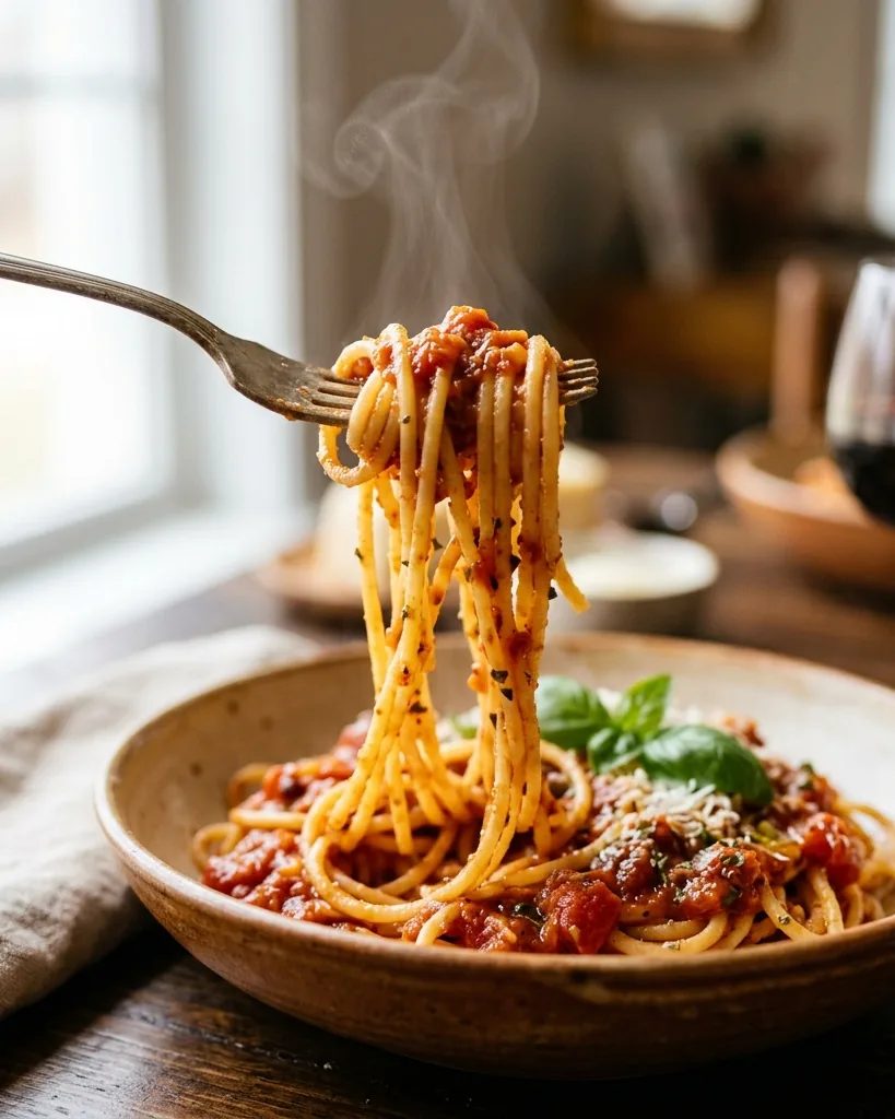 A bowl of rigatoni coated in tomato sauce with basil and shaved cheese, cooked firm