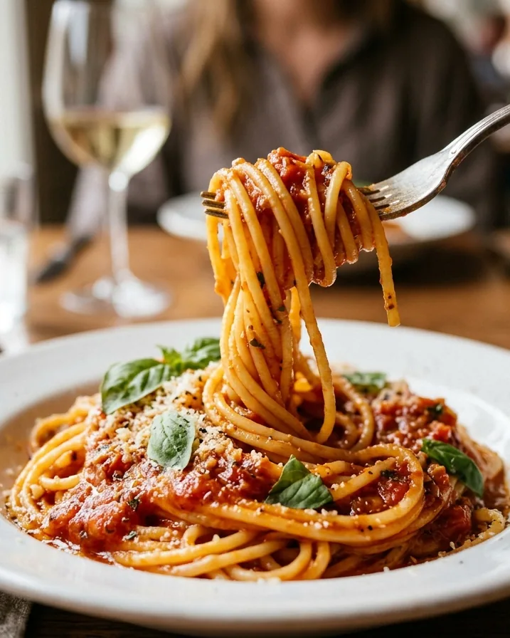 A forkful of steaming spaghetti lifted from a bowl, the sauce clinging to the strands