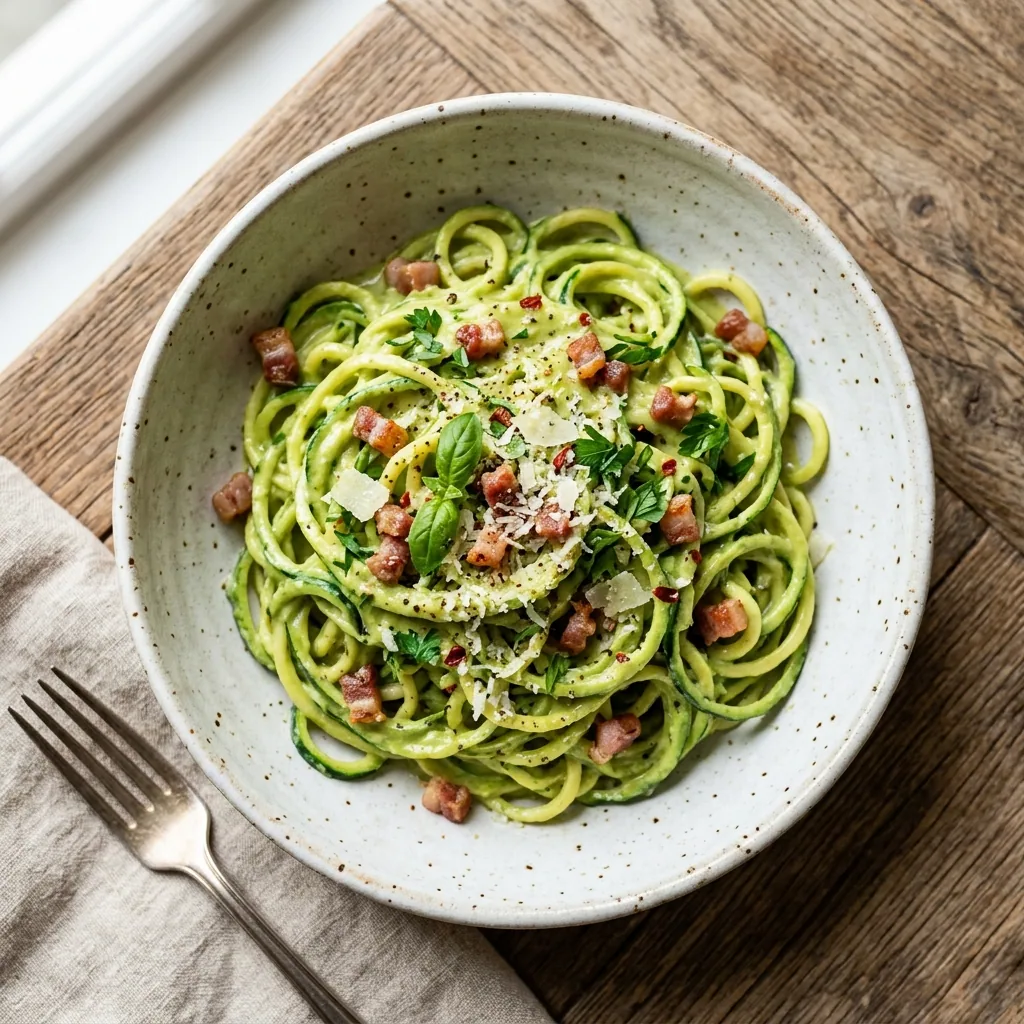 Creamy Avocado Zucchini Carbonara served and ready to eat