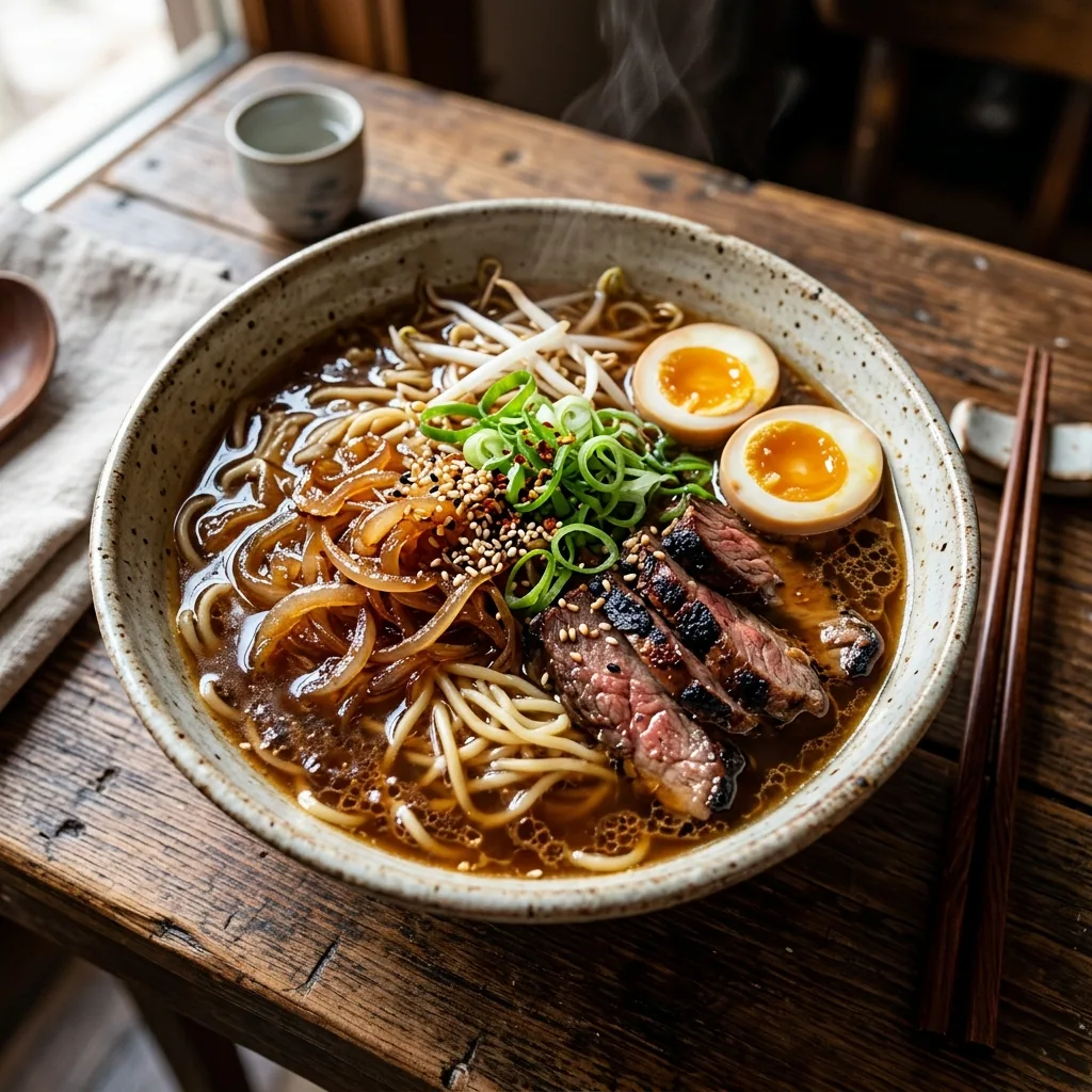 30-Minute Caramelized Shallot Beef Ramen served and ready to eat