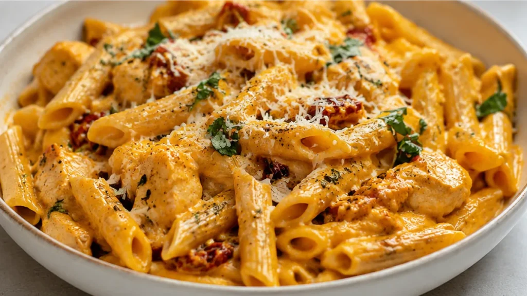 Creamy Butternut Squash Pasta - Butternut squash pasta: savor this creamy, comforting dish with chicken and sun-dried tomatoes. Perfect for a cozy weeknight mea