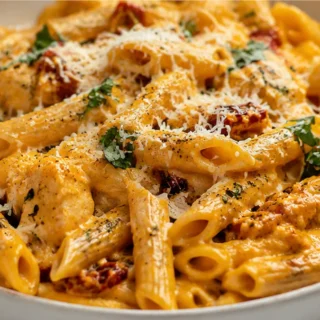 Creamy Butternut Squash Pasta - Butternut squash pasta: savor this creamy, comforting dish with chicken and sun-dried tomatoes. Perfect for a cozy weeknight mea