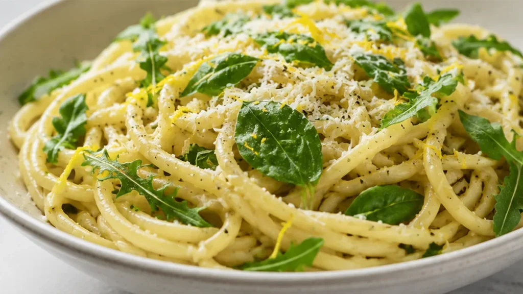 Creamy Cacio e Pepe with Arugula & Lemon - Cacio e Pepe: master this creamy Roman classic with fresh arugula and lemon. A quick, satisfying, and flavorful pasta