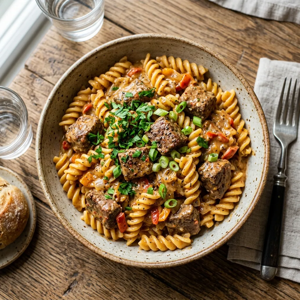 One-Pot Cajun Beef Pasta served and ready to eat