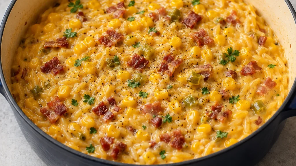 One-Pot Cheesy Corn Orzo: Comfort Meal! Cheesy corn orzo: master this creamy, comforting one-pot meal with bacon and green chilies. Quick to prepare and perfect