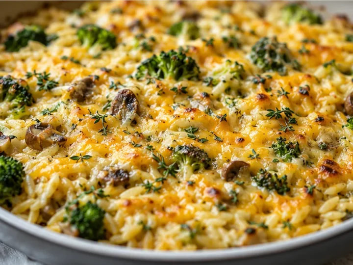 Cheesy Broccoli Cheddar Orzo Bake