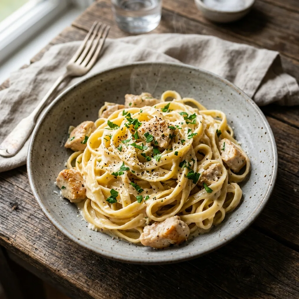 Creamy One-Pot Chicken Alfredo served and ready to eat