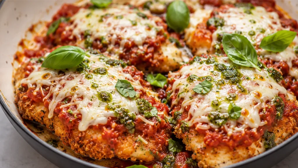 Crispy Chicken Parm with Tuscan Pesto - chicken parmesan - Chicken Parmesan: enjoy this ultimate crispy chicken recipe elevated with a fresh Tuscan kale pesto.