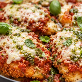 Crispy Chicken Parm with Tuscan Pesto - chicken parmesan - Chicken Parmesan: enjoy this ultimate crispy chicken recipe elevated with a fresh Tuscan kale pesto.