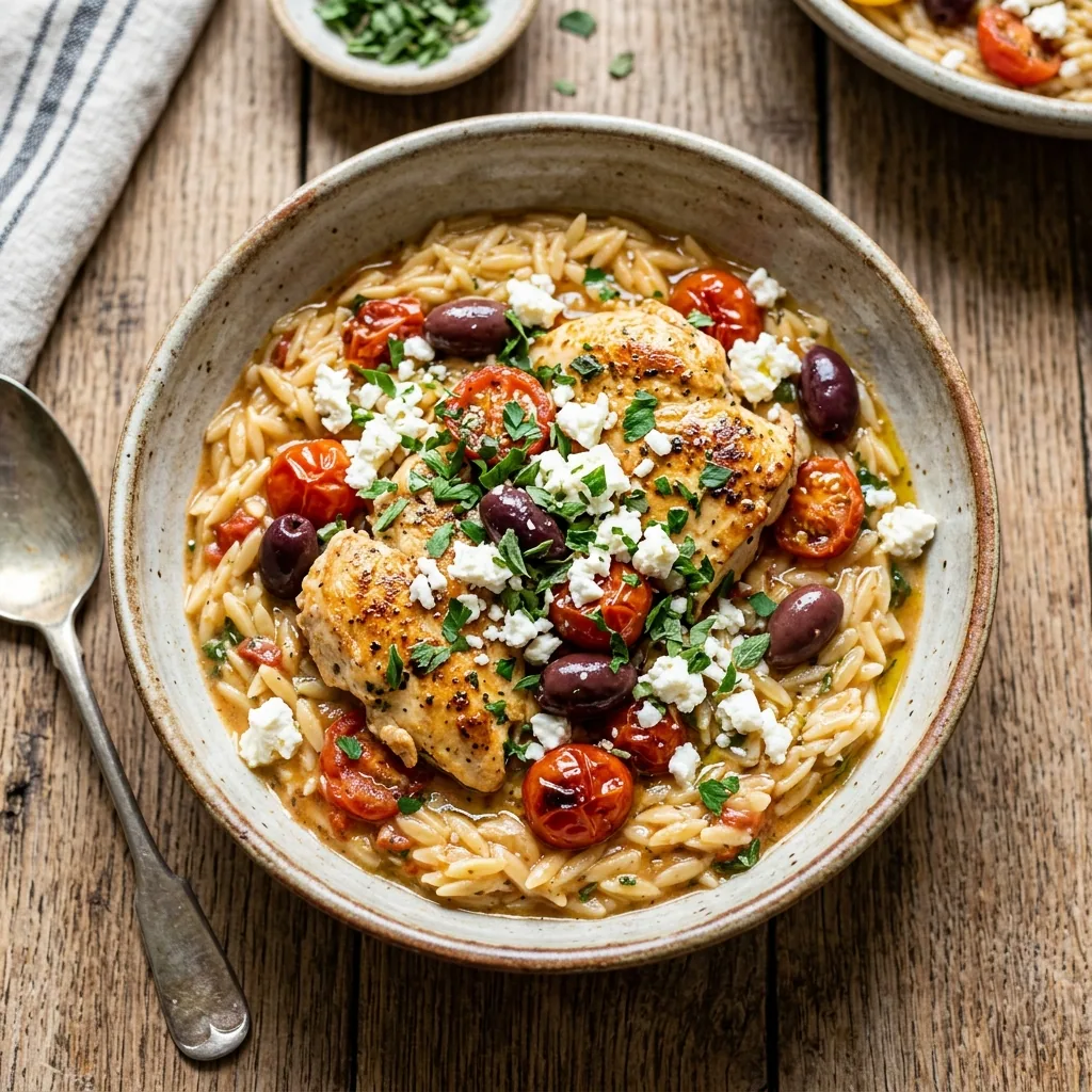 One-Pot Greek Chicken Risoni served and ready to eat