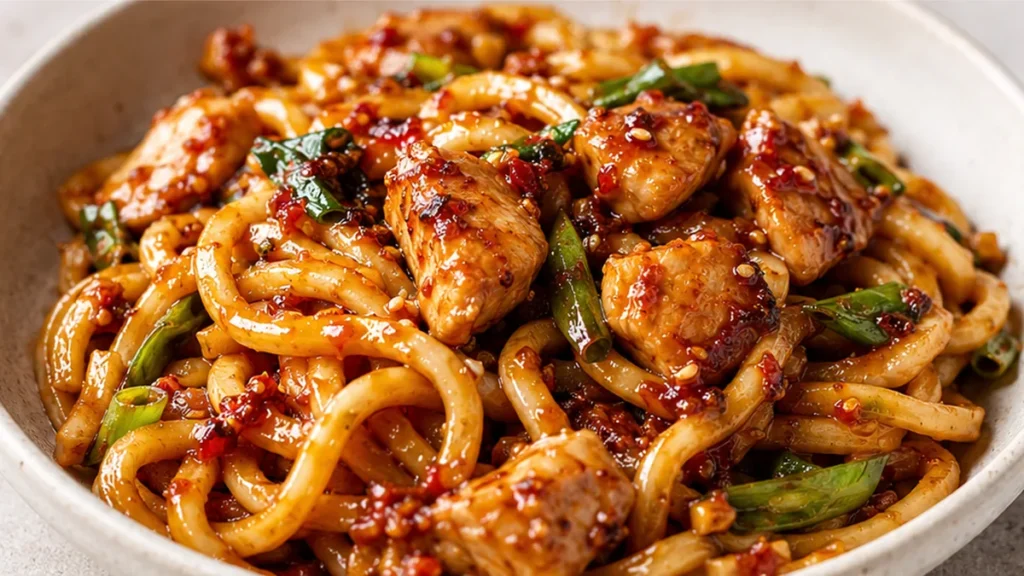 Honey Garlic Chicken Udon Noodles - Chicken udon noodles: enjoy this savory honey garlic stir fry, ready in just 20 minutes. Perfect for a quick, flavor-packed