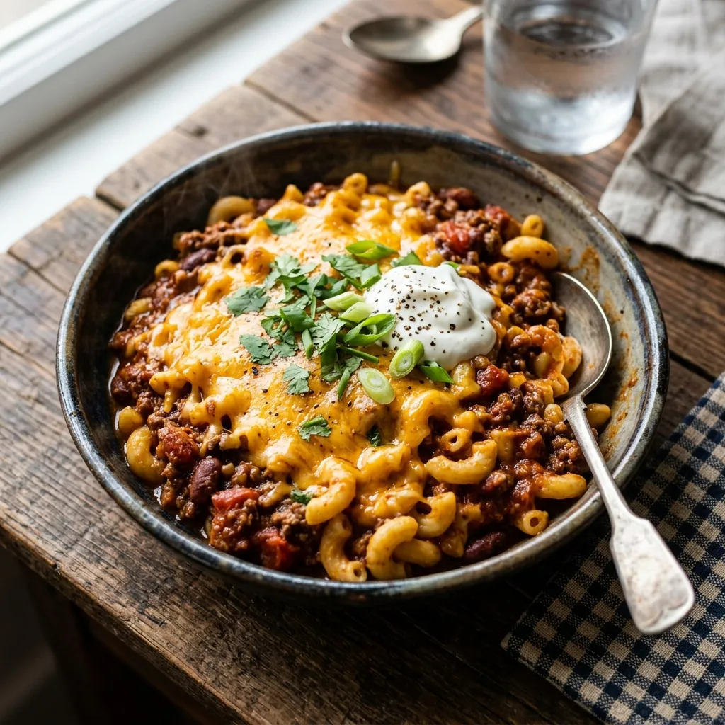 Ultimate One-Pot Chili Mac & Cheese Heaven! served and ready to eat