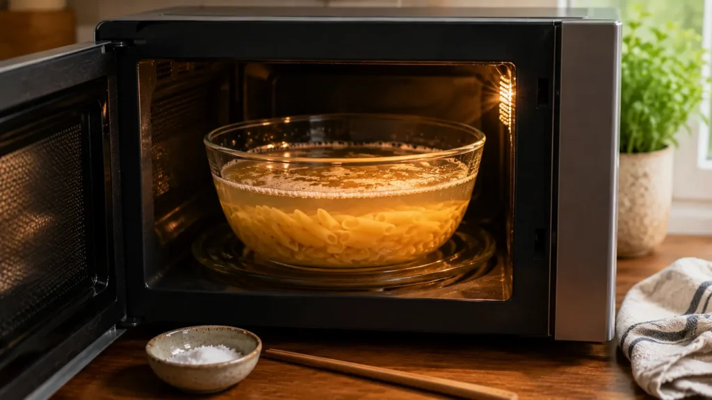 Deep glass bowl of penne submerged in salted water cooking uncovered inside an open countertop microwave on the turntable