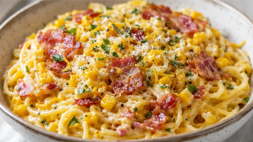 Creamy Corn Carbonara: A Summer Dream! ️ - Corn Carbonara: Master this creamy, summery pasta featuring roasted corn, fresh herbs, and a luxurious burrata toppin