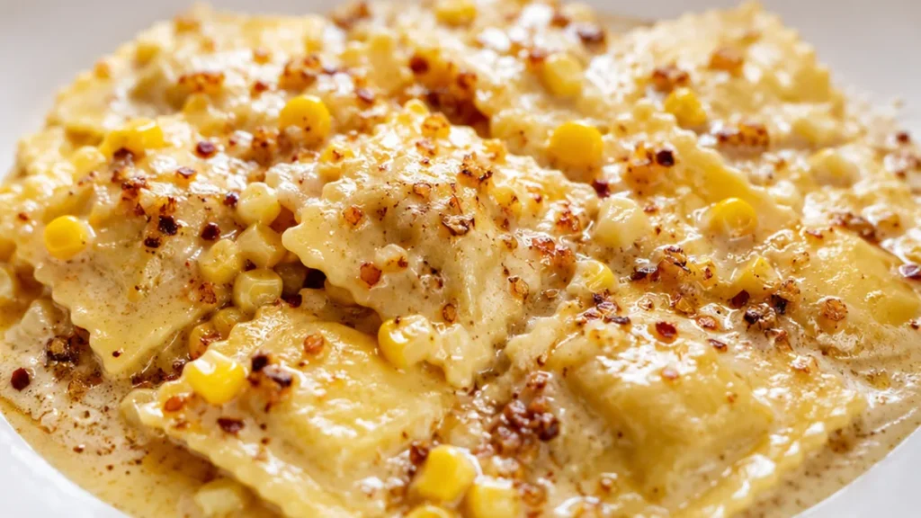 Browned Garlic Butter Creamed Corn Ravioli - Creamed corn ravioli: savor this rich and flavorful pasta dish with browned garlic butter and fresh thyme. A quick