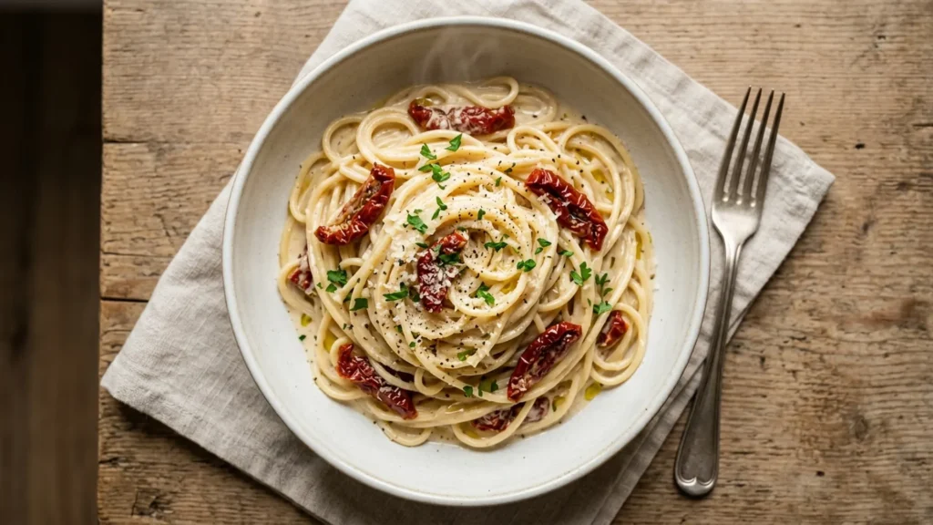Creamy pasta with sun dried tomatoes, beautifully styled overhead food photograph