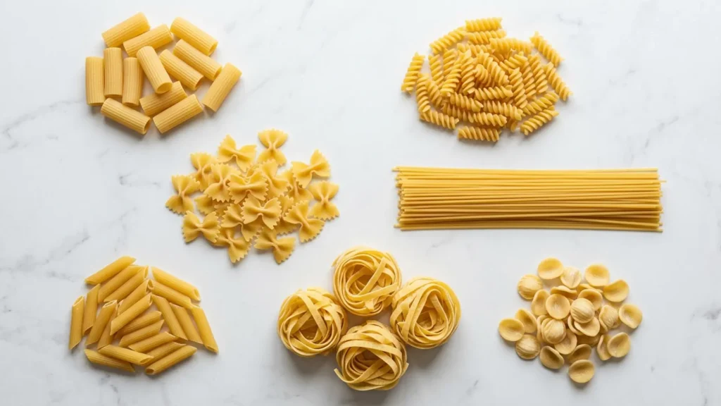 Different types of pasta, beautifully styled overhead food photograph