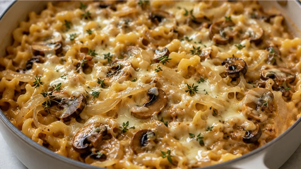 Cheesy One-Pot French Onion Pasta - French onion pasta: cook this rich and comforting one-pot dish. Featuring deeply caramelized onions, hearty mushrooms, and c